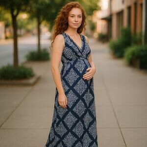 Motherhood Navy and White Maxi Dress Knit‎ Faux Wrap Maternity NEW XL